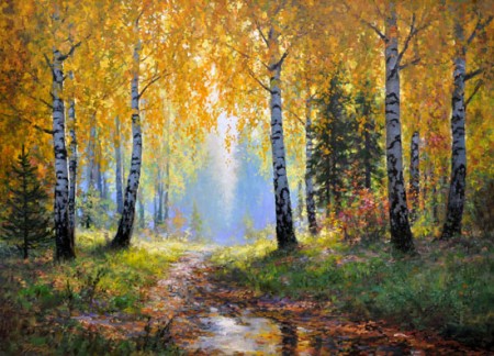 Эдуарда Вильде 92  -  такая  картина маслом "В осеннем лесу" (Зайцев В.) висела дома